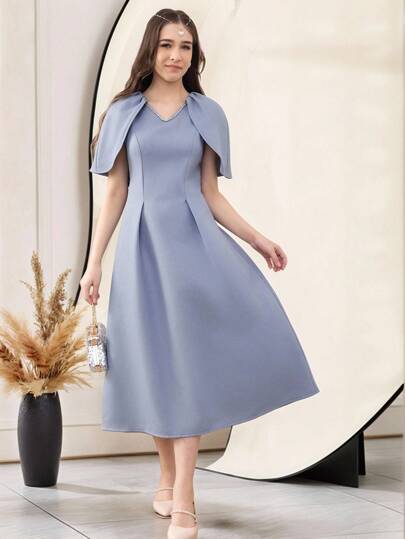 DRMZ 少女 少女 编织纯色 斗篷式露肩袖连衣裙