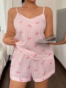 SHEIN Plus Size Bow Plaid Print Chiffon Camisole Pajama Set Babydoll Pajama Set Gingham Pajama Set Pink Pajama Set Women Sleepwear Set Two Pieces Pajama Set  Cozy And Elegant Details - Pink - View 5
