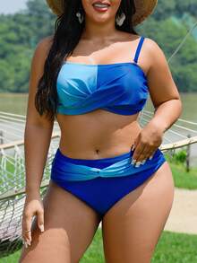 Slaydiva Conjunto de traje de baño de 2 piezas con estampado digital degradado sexy tipo bandeau para mujer de talla grande, ropa de playa y piscina de alta gama - Multicolor - Ver 5