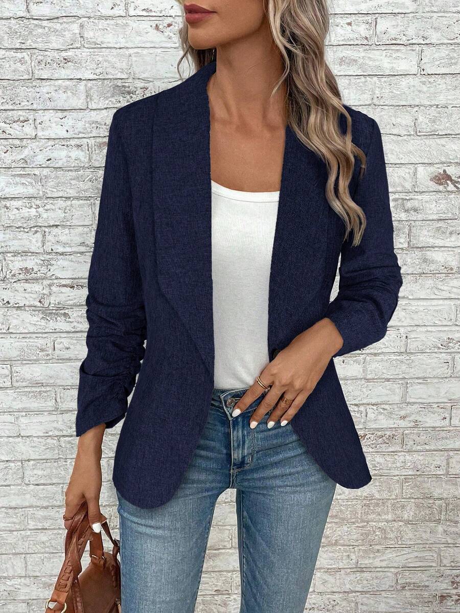 EMERY ROSE Women's Solid Color Draped Collar Ruched Long Sleeve Casual Office Blazer Jacket, Autumn,Fall