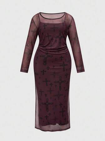 Robe longue gothique vintage romantique grande taille, manches longues transparentes en maille, taille cintrée, Halloween