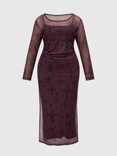 Abito lungo con maniche lunghe in rete e dettagli vintage romantici e dark gothic, vita stretta, adatto per Ognissanti, taglie comode