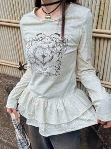 FRIFUL T-shirt casual à manches longues pour femmes, col rond ajusté, imprimé cœur, patchwork de dentelle, volants à l'ourlet, doux, automne