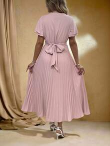 Roveilla 大码女式优雅 V 领短袖褶皱腰 A 字褶皱连衣裙