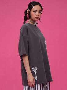 COUREZ Áo thun ngắn tay dáng rộng in họa tiết / Phong cách Y2K mùa thu dành cho nữ, Áo mùa thu, Áo kiểu dễ thương, Áo thun in hình, Áo đi chơi, Áo mùa đông - Xám - Xem 4