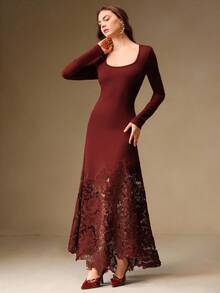 Anewsta 酒红色法式刺绣镂空拼接长袖连衣裙，适合婚礼、毕业典礼、秋季、冬季、外出、优雅、正式、时尚、新年、圣诞节、派对等场合。
