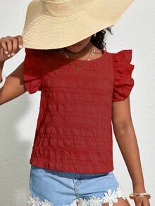 SHEIN Tween Girl Vacation Style Cute Cap Sleeve Girls Shirt, Matching Family Set - Red - View 2