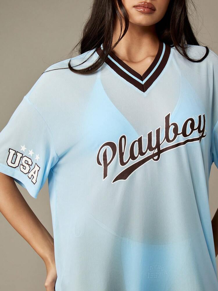 Missguided x Playboy Classic Cover Up Baseball Jersey Night Shirt Loose Fit Oversized Beach Loungewear Mini Dress Summer Lounge Beachwear, Vacation Outfit