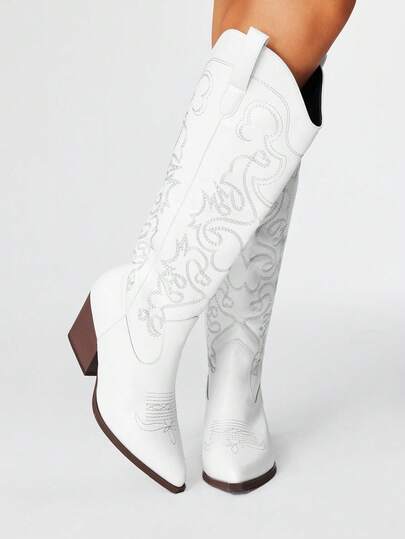 Fairycore 2025 Autumn/Winter New Pointed Toe Chunky Heel Embroidery Western Boots, Outdoor Fashion Leather Over-The-Knee Boots