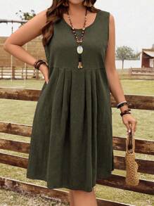 EMERY ROSE Plus Size Women Sleeveless Green Casual Dress, Fashionable For Summer - Army Green - View 3