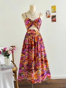 Soleia WYWH 女款度假 V 領綁腰 A 字中長洋裝，熱帶印花細肩帶洋裝，海灘度假優雅洋裝，白色民事婚禮洋裝，外出上衣，婚禮派對洋裝，派對洋裝，優雅派對洋裝，聖誕洋裝，萬聖節裝扮，冬季洋裝，秋季，派對 - 彩色 - 查看 6