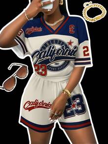 Slaydiva 2pcs/Set Plus Size Casual Minimalist Numeric Print Sports Set, Suitable For SummerSummer Outfits For Women,Two Piece Set Women,Back To School Suitable For Going Out - Multicolor - View 6