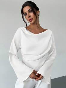 Firerie Boat Neck Flare Sleeve Gathered Waist Office Lady Apricot Blouse, Minimalist Elegant Daily Commute Satin Asymmetric Ruched Collar Flare Sleeve Blouse For Women, Office Wear Chic White Shirt - White - View 3