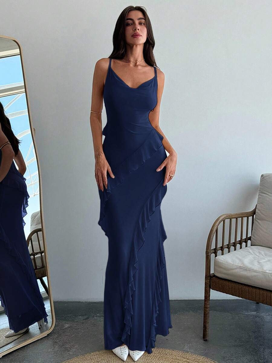 Aloruh 浪漫约会吊带荷叶边修身连衣裙，适合春夏穿着，可作婚礼宾客礼服，优雅连衣裙，秋季婚礼宾客礼服，女士婚礼宾客礼服 - 藏蓝色 - 查看 1