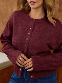 Elaquor Áo len cardigan dệt kim tay dài trễ vai màu trơn cỡ lớn dành cho nữ, mùa thu - Màu Đỏ Sâu - Xem 4