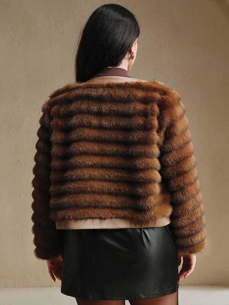 Plus Size Women Faux Fur Single-Breasted Long Sleeve Jacket, Fashion For Autumn/Winter