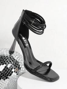 SHUZIA Square Toe Rhinestone Ankle Strap Sandals - Black - View 1