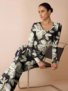 Glamance Shutterstock Women's Black Long Sleeve Bodycon Maxi Dress, Elegant Floral Print Outfit, Autumn Dress, Vacation Wear, Office Lady Dress, Business Casual Daily Wear, Hawaii Outfit, Day To Night Attire, Travel Outfit, Airport Street Style, Autumn Apparel, Dignified And Sexy Bohemian Style, Suitable For Going Out, Date Night - Black - View 4