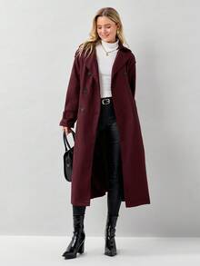Miaspire Ancora Red 女士纯色立领双排扣休闲外套，秋冬款 - 酒紅色 - 查看 1