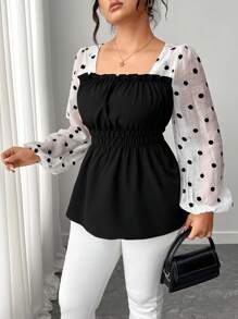 Elenzga Plus Size Women's Casual Bubble Sleeve Shirt, Minimalist Design, Flattering, Suitable For Spring & Autumn Fall Cloth For Women