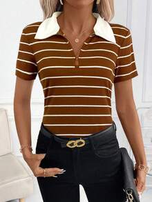 SHEIN Clasi Women's Striped Knit Short Sleeve Polo Shirt, Elegant T-Shirt For Daily Wear
