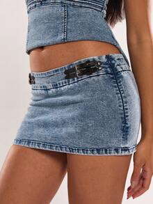 SHEIN BAE Women's Sexy Low Waist Fitted Mini Denim Skirt, Summer - Medium Wash - View 4
