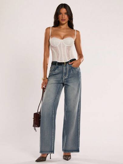 SHEIN BAE Women's Casual Washed Vintage Straight Leg Jeans,Washed Distressed Wide-Leg Trousers,Women's Winter Clothes,Wide Leg Jeans,Y2k Jeans,Going Out Bottoms,Casual Jeans,Club Bottoms