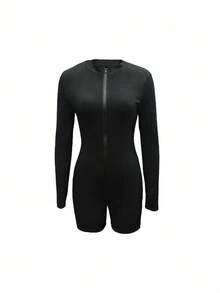 SHEIN Women's Solid Color Zip-Up Turtleneck Long Sleeve Jumpsuit Fall Cloth For Women - Black - View 5