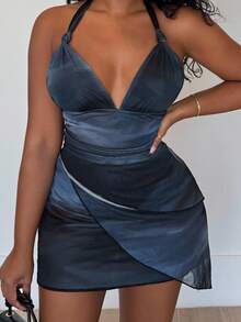 Alexandranx Sexy Vintage Ombre Halter V-Neck Mesh Ruched Asymmetric Hem Romantic Holiday Mini Dress For Women, Beach Outfit,Summer Dresses For Women - Multicolor - View 4