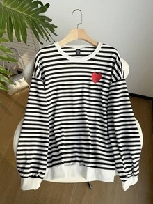 SHEIN EZwear Plus Striped Print Heart Embroidered Drop Shoulder Sweatshirt Winter Fall Autumn