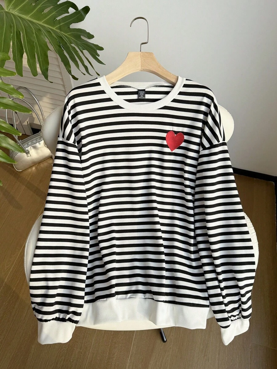 SHEIN EZwear Plus Striped Print Heart Embroidered Drop Shoulder Sweatshirt Winter Fall Autumn
