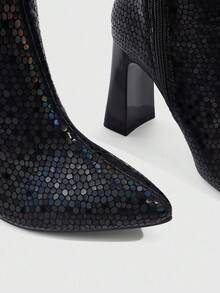 Daringsoles 女士高跟靴，优雅尖头时尚 PU 粗跟踝靴，百搭秋冬 - 黑色 - 查看 6