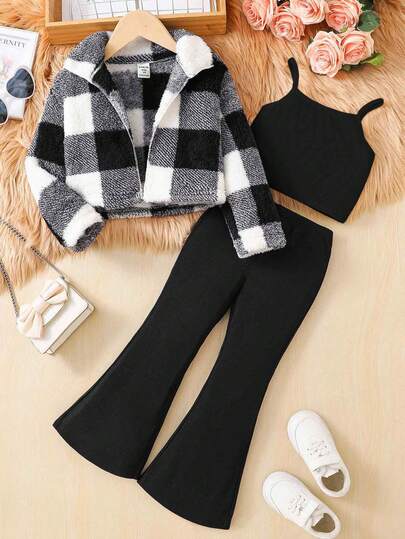 SHEIN 三件套：针织格子短外套、纯色针织吊带背心、喇叭裤