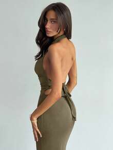 Aloruh 女士性感低胸露背连衣裙，夏季 - 軍綠色 - 查看 2