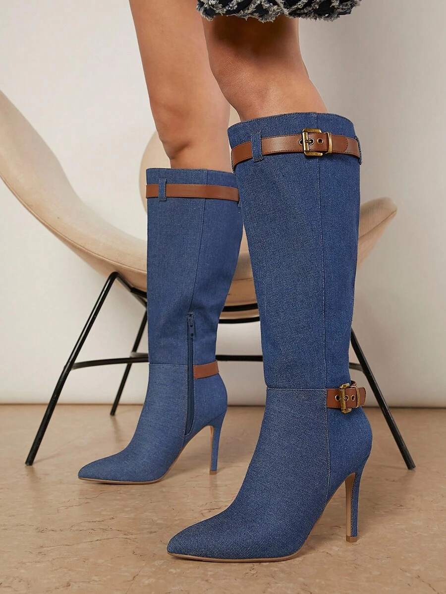 SHUZIA Denim Pointy Toe Knee High Boots - Blue - View 1