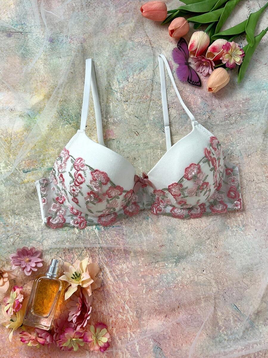 Snug Zone 花卉刺绣带钢圈衬垫文胸，撞色，提升和聚拢，浪漫田园风，优雅女士内衣 - 粉色 - 查看 1