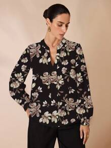 Shutterstock Glamance 女式花卉印花前扣优雅长袖衬衫 - 黑色 - 查看 3