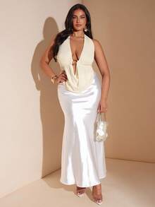 SHEIN BAE Plus Size Women Draped Neck Halter Ruched Metal Decor Sexy Elegant Tank Top