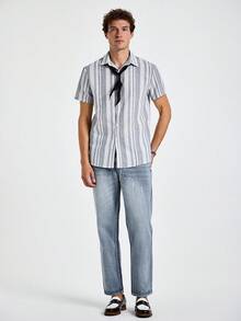 Marvello Homme 条纹印花前扣休闲短袖衬衫，夏季百搭 - 彩色 - 查看 4