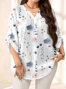 EMERY ROSE 返校教师节蓝白花卉图案大码女士初秋七分袖褶边衬衫 - 藍白色 - 查看 1