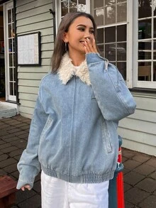 DAZY Áo khoác denim nữ dáng rộng, thoải mái, cổ lông xù, phối màu độc đáo, túi lớn, phong cách đường phố, lót giữ nhiệt, áo khoác nữ mùa thu/đông. - Rửa nhẹ - Xem 6