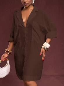 Slaydiva Đầm dài tay dáng rộng, màu trơn, cỡ lớn, kiểu dáng thường ngày. - màu nâu - Xem 4