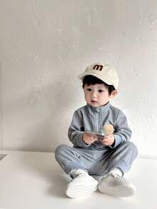 SHEIN 男婴春秋两件套灰色长袖卫衣和锥形长裤，高领设计，拉链，格纹图案 - 灰色 - 查看 3