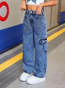 SHEIN 少女工装口袋阔腿宽松休闲牛仔裤 Y2K 水洗牛仔宽松牛仔裤 少女工装牛仔裤 秋冬 - 深色水洗藍 - 查看 4