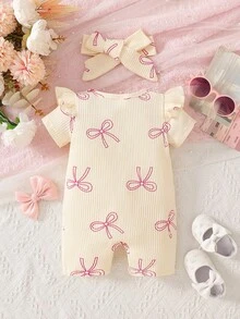 SHEIN Baby Girls' Comfortable Printed Romper, Summer - Apricot - View 3