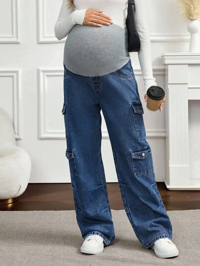 SHEIN 孕妇休闲拼色高腰工装牛仔裤