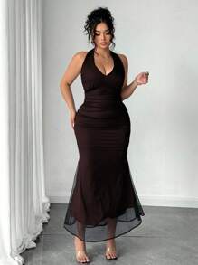 SHEIN PETITE Mesh Double Layer Halter Maxi Fish Tail Dress, Elegant Plus Size & Petite Summer Dress - Multicolor - View 7