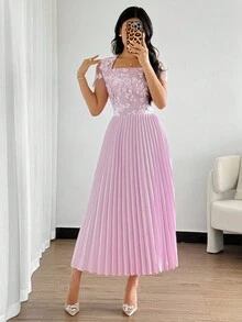 Modelyn 女士粉色方领短袖蕾丝拼接优雅中长连衣裙 - 粉色 - 查看 7