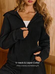 GLOWMODE 莫代尔舒适超柔软光滑宽松剪裁轮廓接缝可调节下摆拉链口袋半拉链套头衫日常休闲装