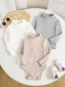 SHEIN 3件組新生兒男嬰/女嬰幼兒白色秋季端莊家庭套裝 加厚抓絨素色高領長袖上衣與冬季長褲套裝 - 彩色 - 查看 5